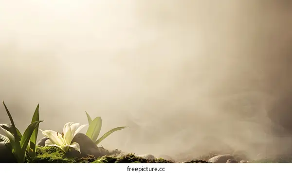 White Lily Flower on Mossy Ground with Foggy Background