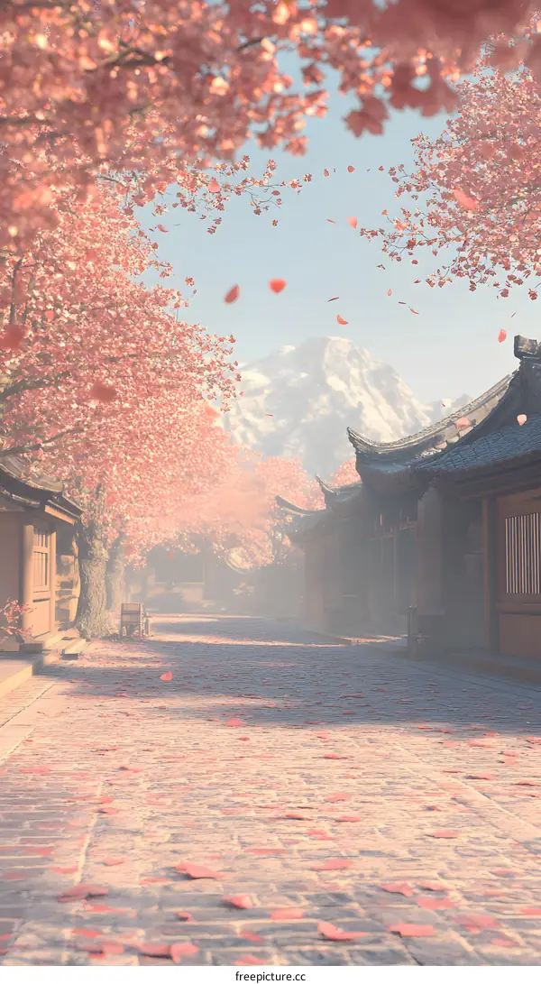 Tranquil Street In Springtime With Pink Flowers And Pagoda
