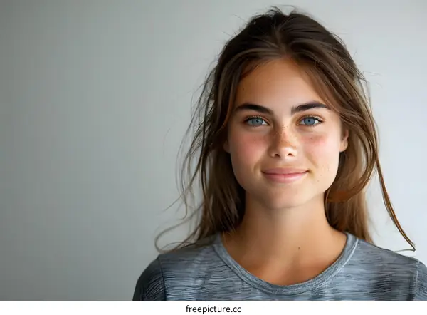 Portrait of a Young Woman with Freckles and Blue Eyes