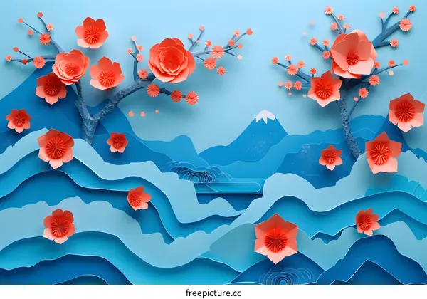 Paper Craft Art of Mountains and Cherry Blossoms