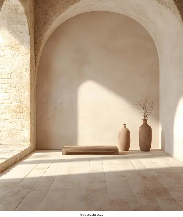 Minimalist Interior Design with Wooden Platform and Vases in Earthy Tones