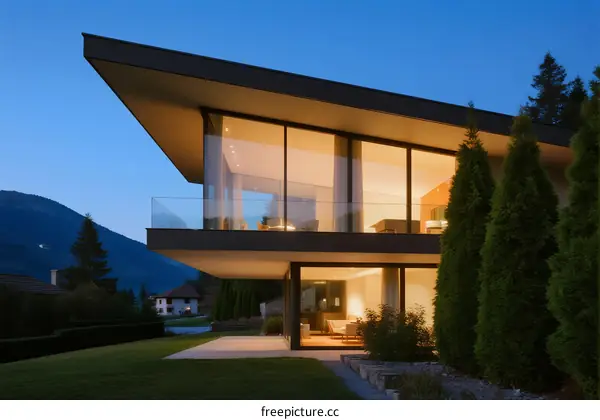 Modern Contemporary House with Large Glass Windows and Sloped Roof