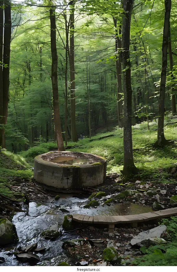 Wooden Bridge Over Creek in Lush Green Forest