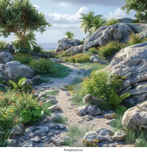 Rocks and Flowers on Tropical Beach