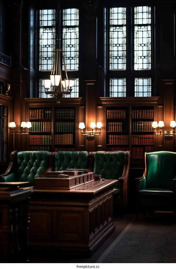 A library with bookshelves, a desk, and chairs