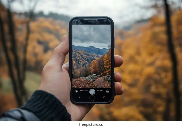 Hand Holding a Smartphone Capturing Autumn Landscape