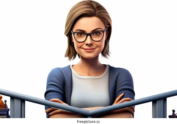 A 3D rendering of a woman wearing glasses and a blue sweater smiling at the camera