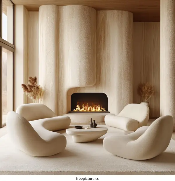 Beige Living Room Interior Design with Fireplace