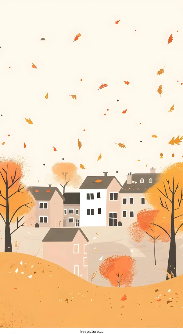 Autumn Village Illustration With Falling Leaves