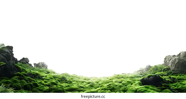 Green Moss Covered Rocks With White Background