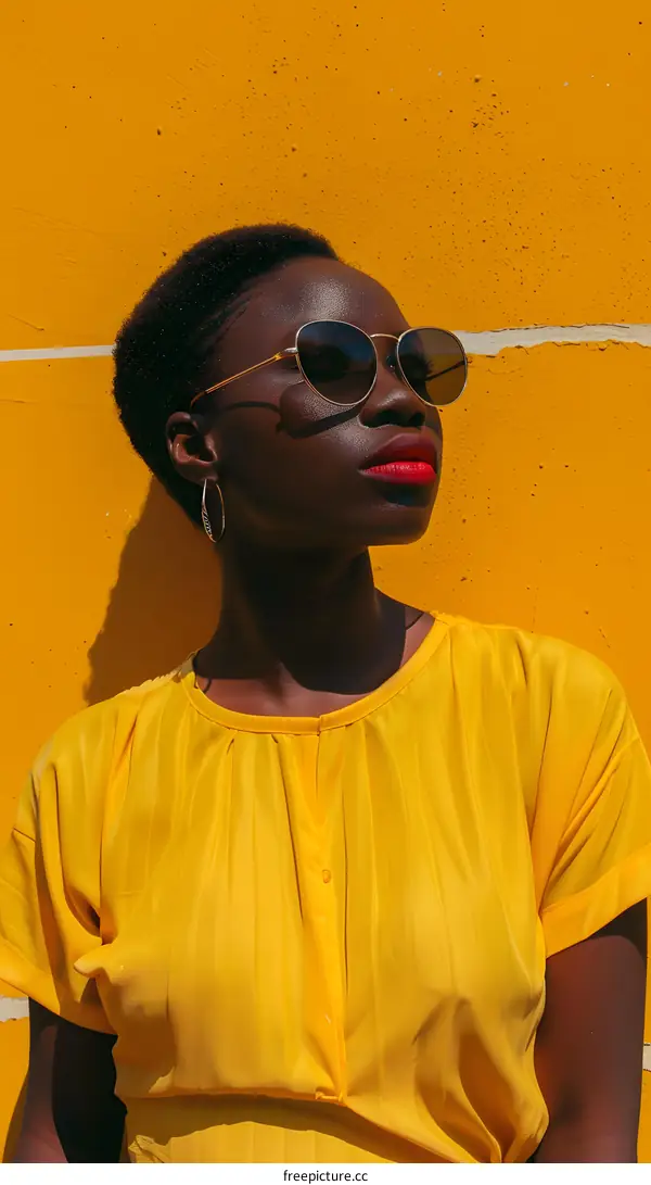 Black Woman Wearing Sunglasses In A Yellow Shirt Against A Yellow Wall