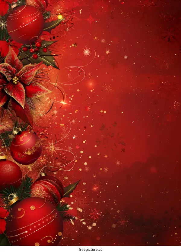 Red and gold Christmas ornaments with snowflakes on a red background