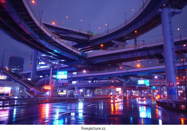 A complex urban highway interchange at night with the roads wet from rain reflecting the colored lights of the city in the rain.