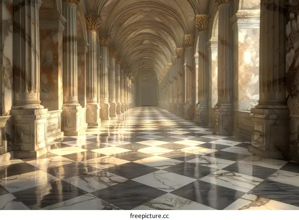 Grand Marble Hallway with Checkered Floor