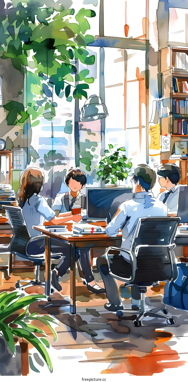 watercolor painting of people in an office