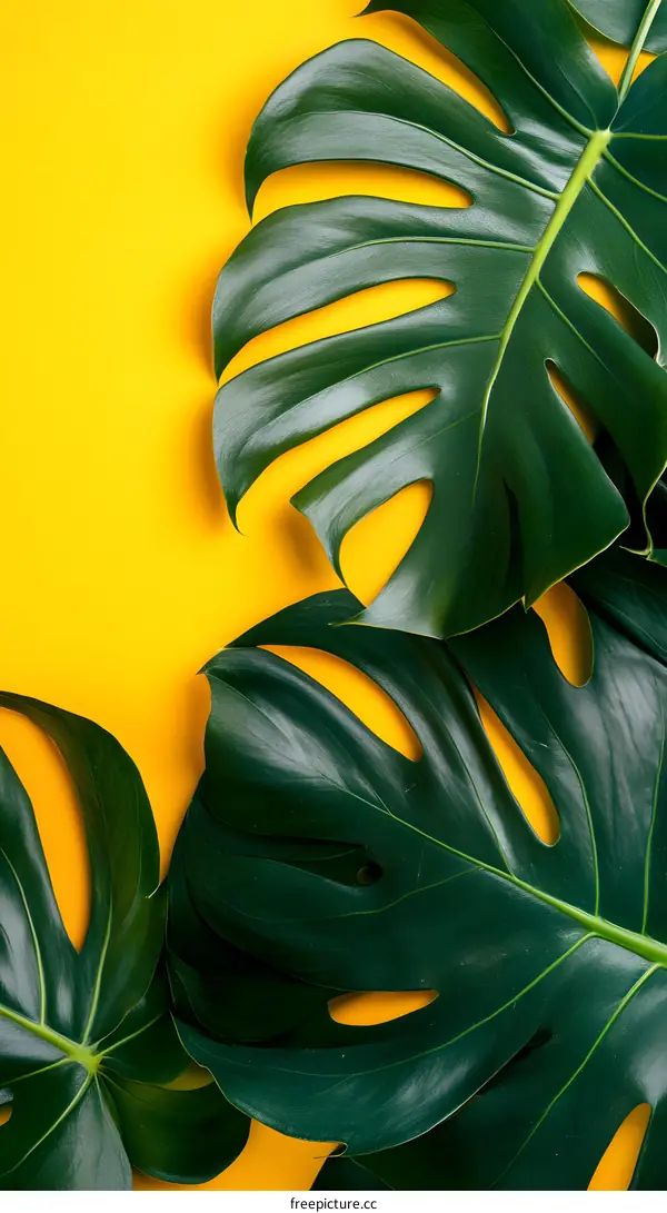 Green Monstera Leaves On Yellow Background
