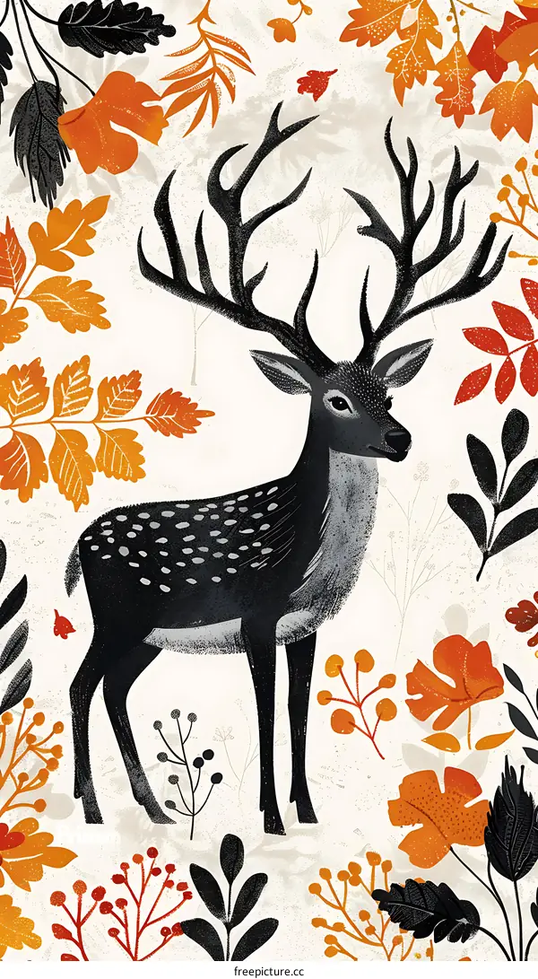 Autumn Deer Illustration With  Simple Floral Background