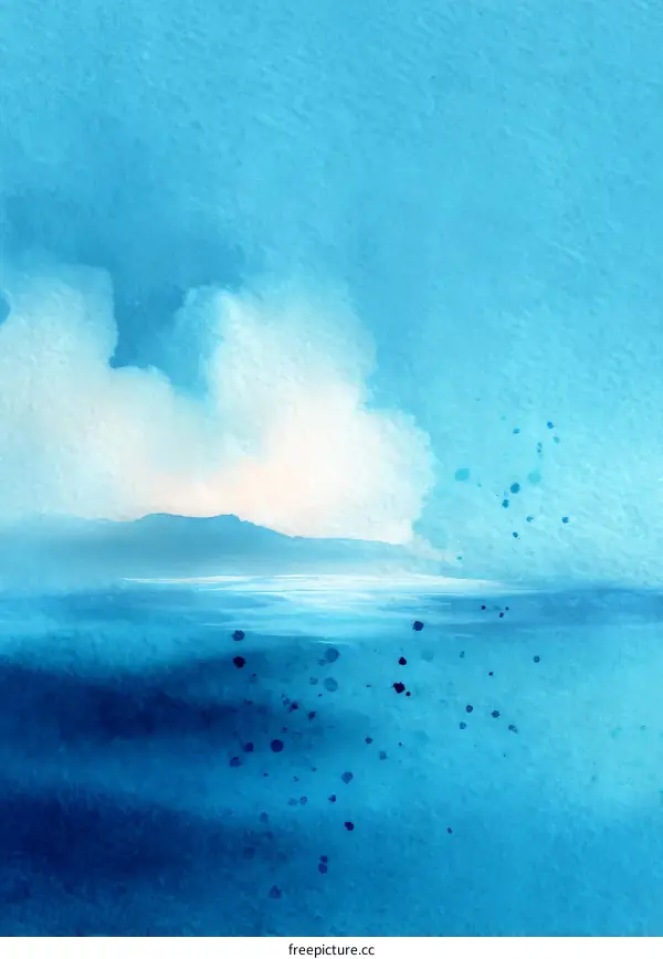Abstract Watercolor Seascape with Clouds and Mountains