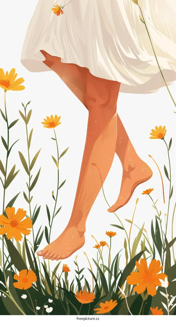A barefoot girl in a white dress walks through a field of yellow flowers