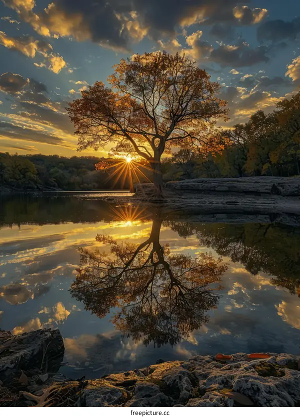 Autumn Sunset by a Serene Lake with a Majestic Tree