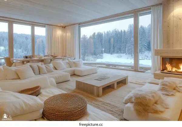 Modern Scandinavian Living Room with Snowy View
