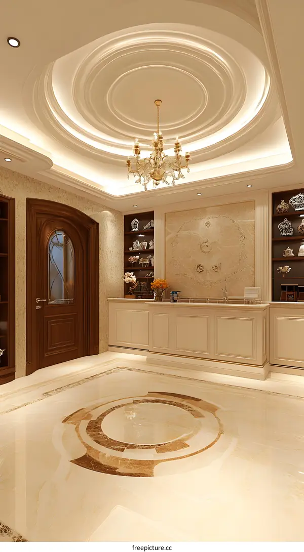 Luxury Interior Design with Circular Chandelier and Marble Floor