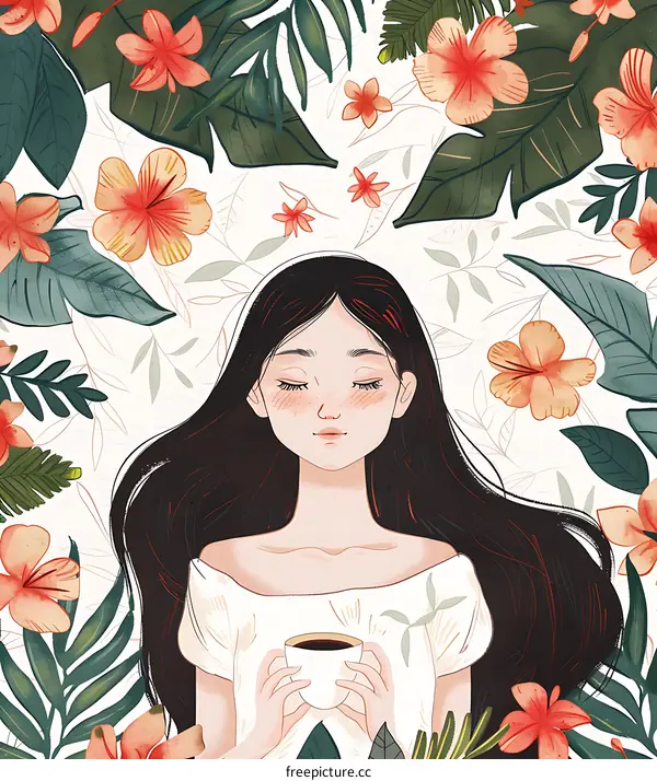 Girl with Closed Eyes Holding a Cup of Coffee Surrounded by Tropical Flowers