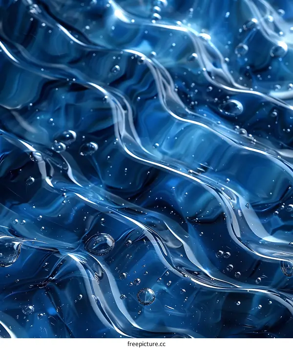 Blue abstract background with waves and bubbles
