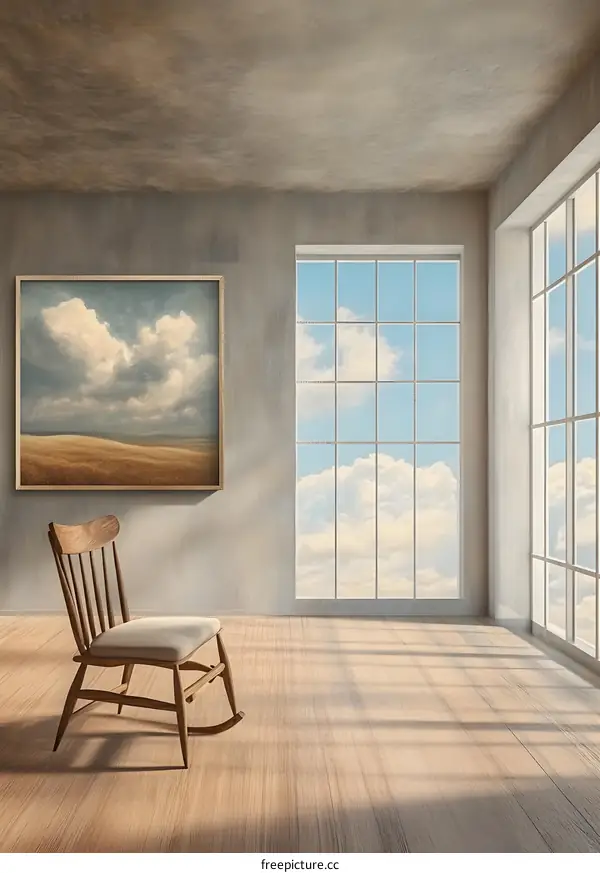 Empty Room with Rocking Chair and Window View of Clouds