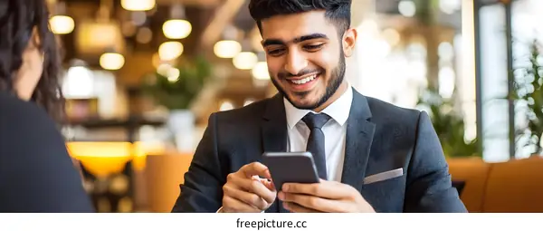 Smiling Man in Suit Using Phone While Sitting in a Cafe
