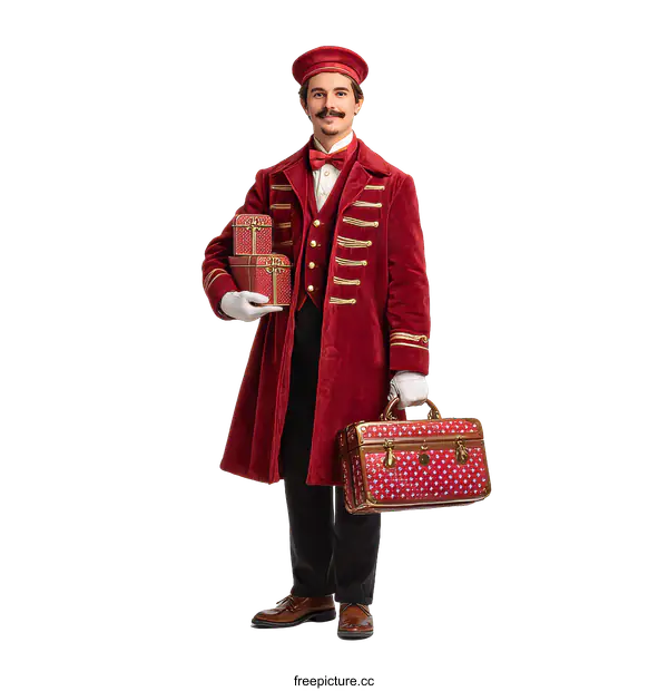 [Transparent Background PNG]Vintage Style Red Coat Porter with Gifts and Luggage