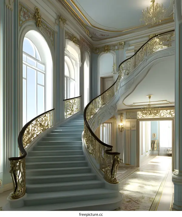 Grand Staircase In Elegant Mansion With Golden Railing