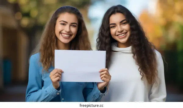 Two young women holding a blank sign