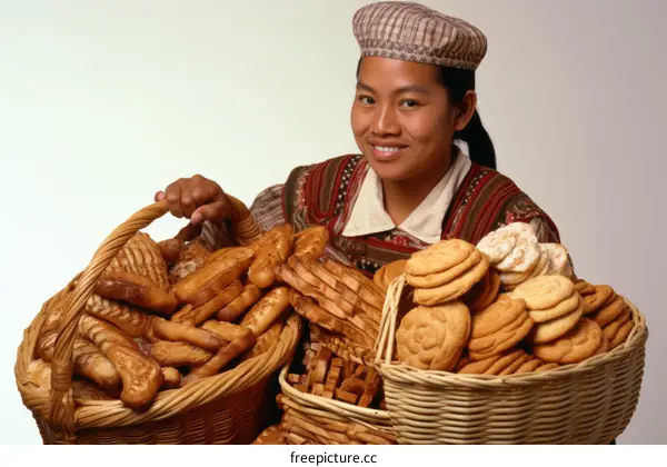 A smiling woman wearing a traditional outfit and hat is selling bread and pastries from two large baskets.