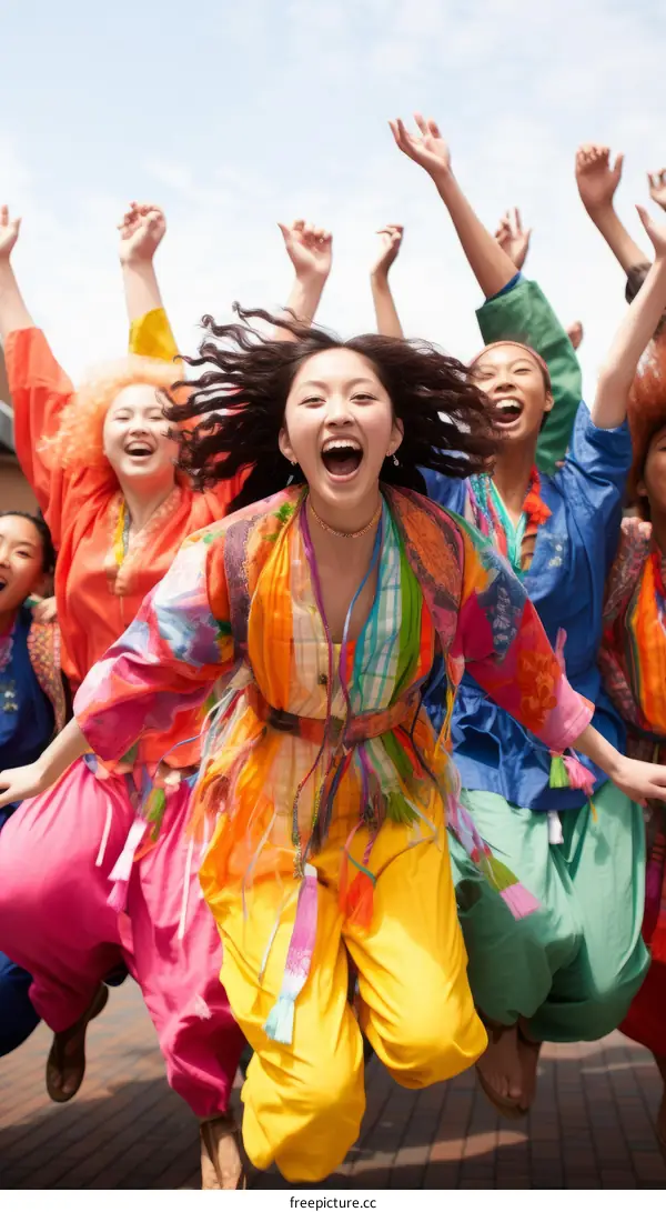 A group of young people are jumping in the air while wearing colorful clothes.