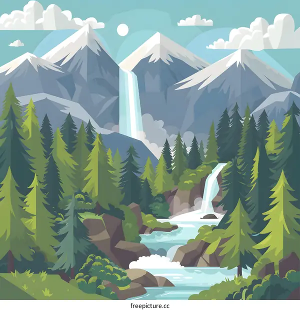 Mountain Landscape With Waterfall And Forest