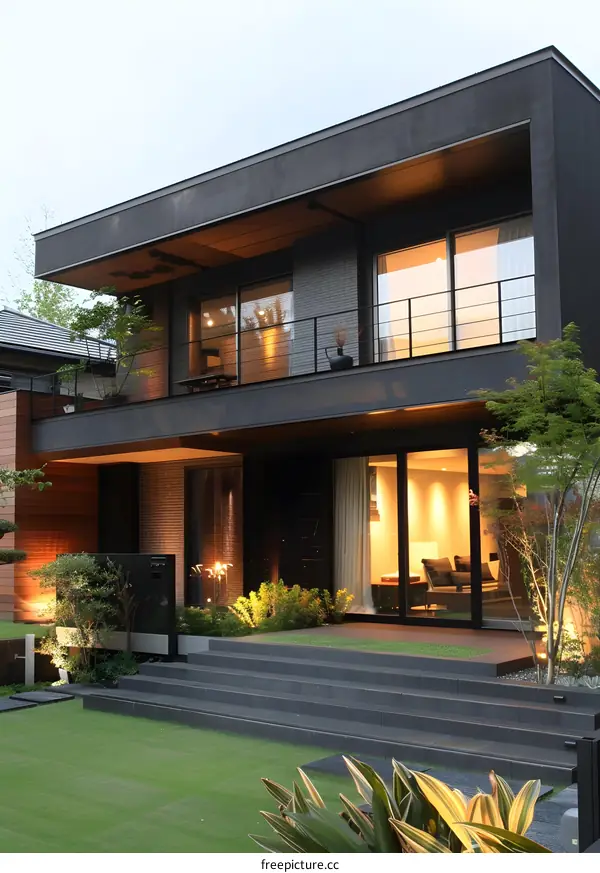 Modern Architecture House with Black Facade and Green Grass Lawn