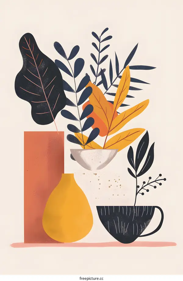 Abstract Floral Illustration with Vases and a Cup
