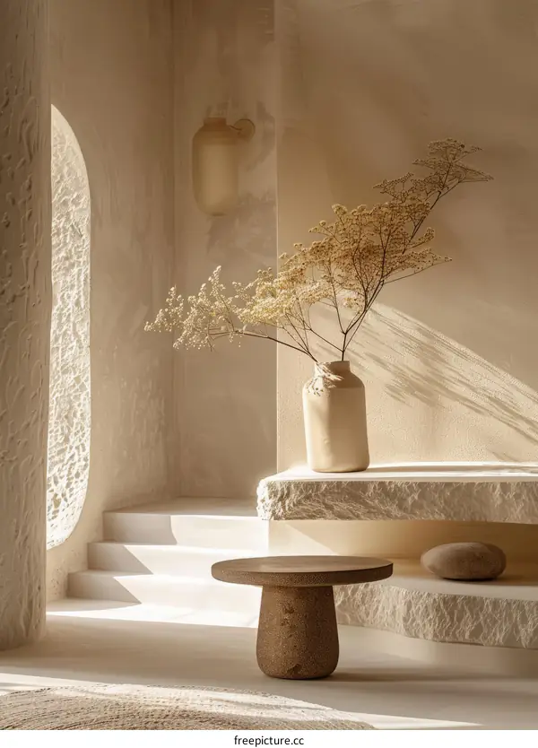 Dried Pampas Grass in a Ceramic Vase on a Stone Shelf