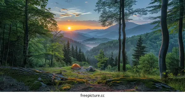 Two tents in the mountains at sunrise