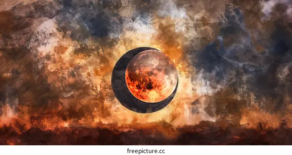 Fiery Crescent Moon Watercolor Painting