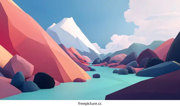 Low Poly Mountain Landscape with Blue River