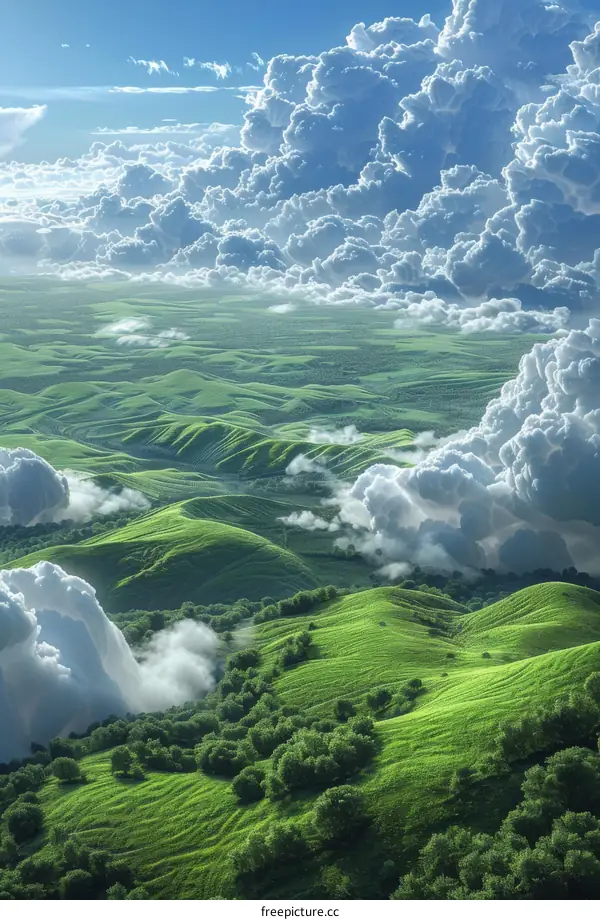 Green rolling hills and white clouds in the countryside