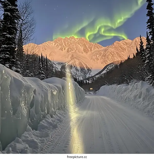 Snowy Road With Aurora Borealis In The Mountains