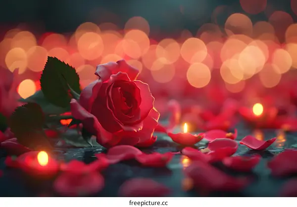 A red rose with petals and candles