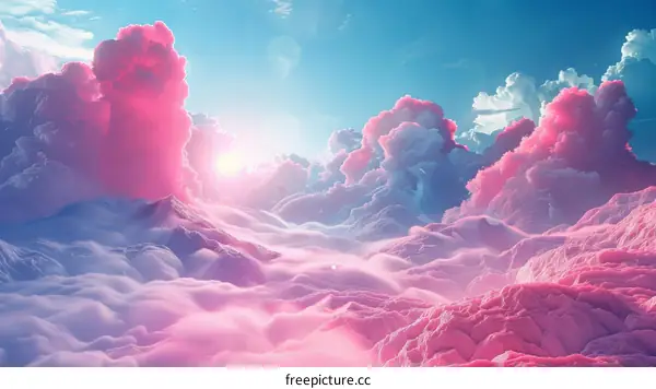Heavenly Pink Cloudscape with a Bright Shining Sun and Blue Sky
