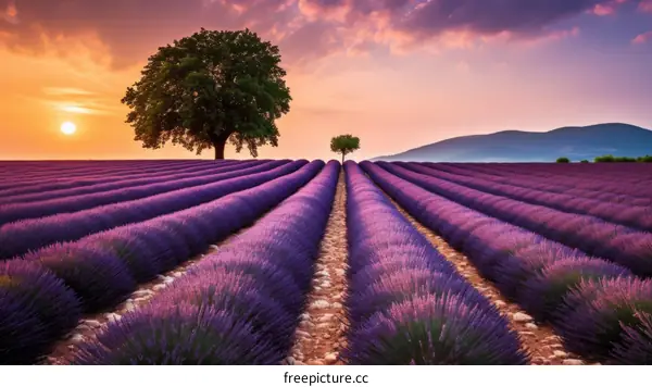 Rows of Lavender in Full Bloom at Sunset in Provence