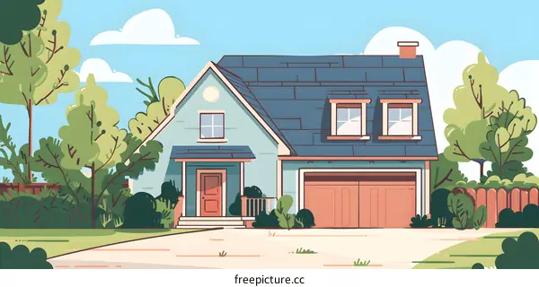 Cartoon Illustration of a Suburban House with a Garage