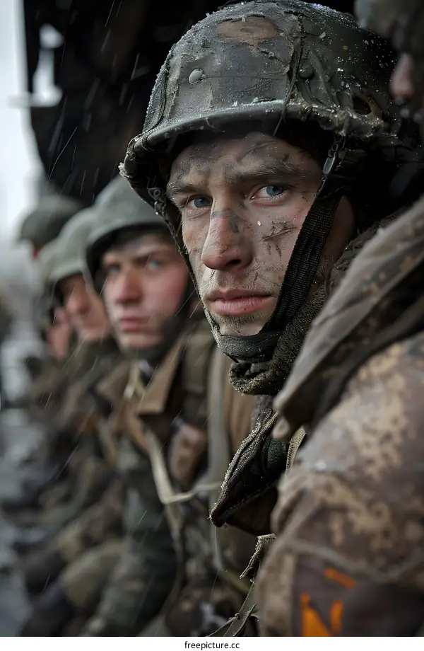 A soldiers face is covered in mud and snow as he stares into the camera.