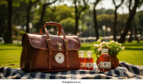 Still life of picnic bag and beverages on a blanket in a park